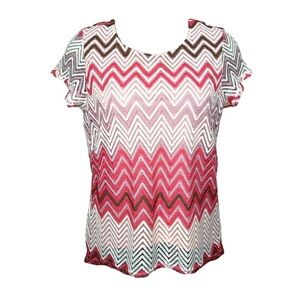 1x Roz & Ali Boho Lace Blouse Short Sleeve Stretch Plus Lined White Pink
